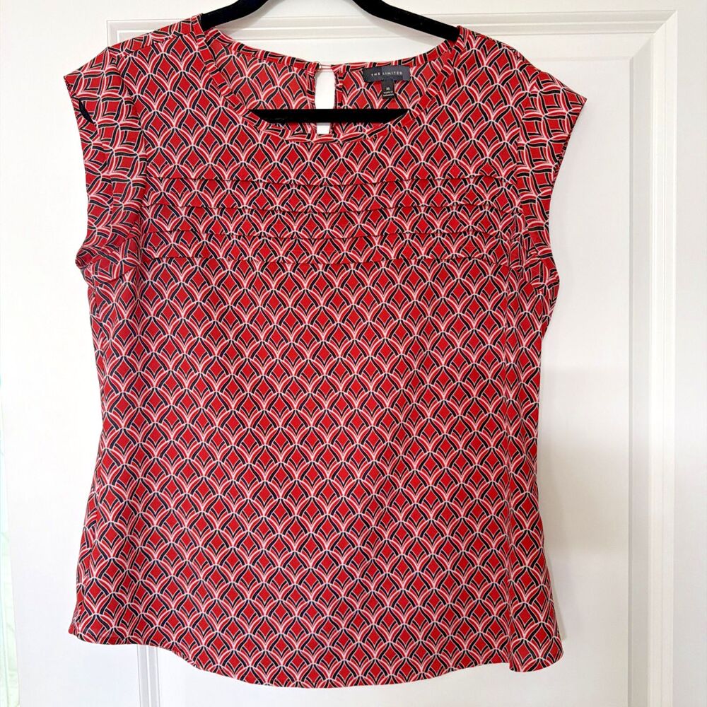 The Limited Geometric Blouse Crew Neck Short Sleeve Red Black White M